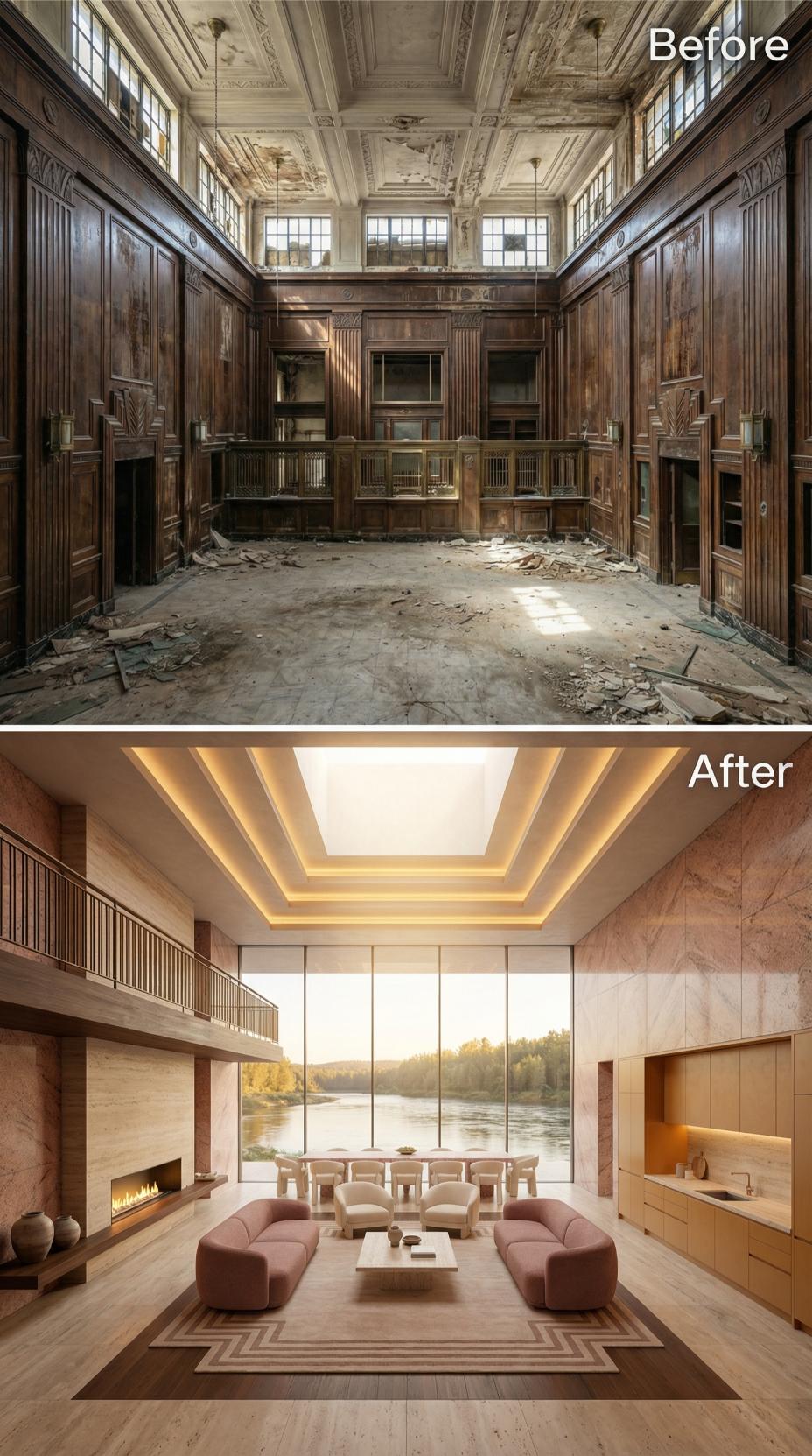 Dusty Rose Sofas and a Skylit Coffered Ceiling Reclaim a Gutted 1930s Bank Hall