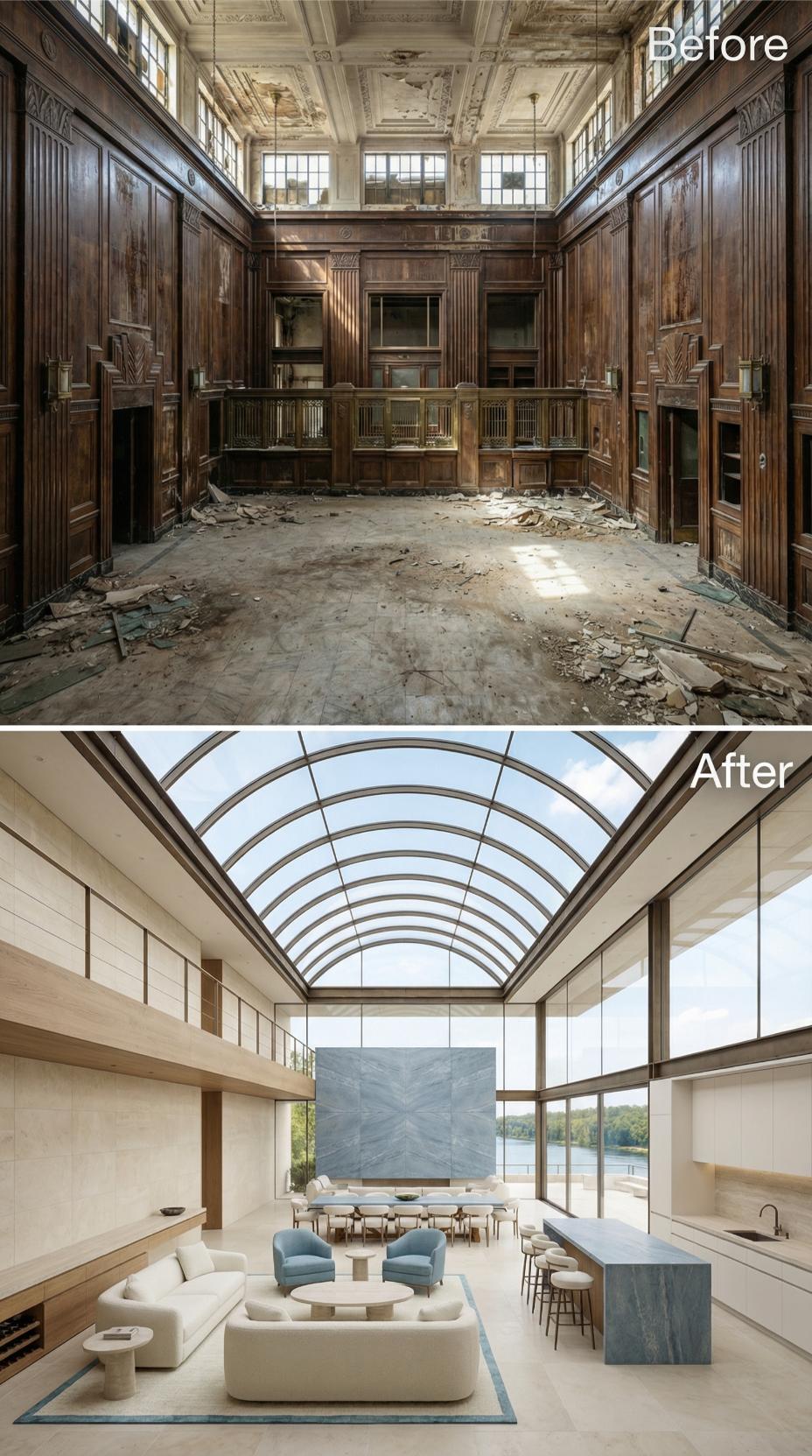 Barrel Vault Skylight and Green Marble Island Replace a Collapsed Bank Hall Ceiling