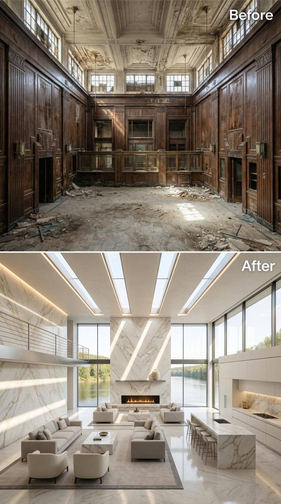Calacatta Marble Walls and Skylight Slots Replace a Rubble-Covered Bank Hall