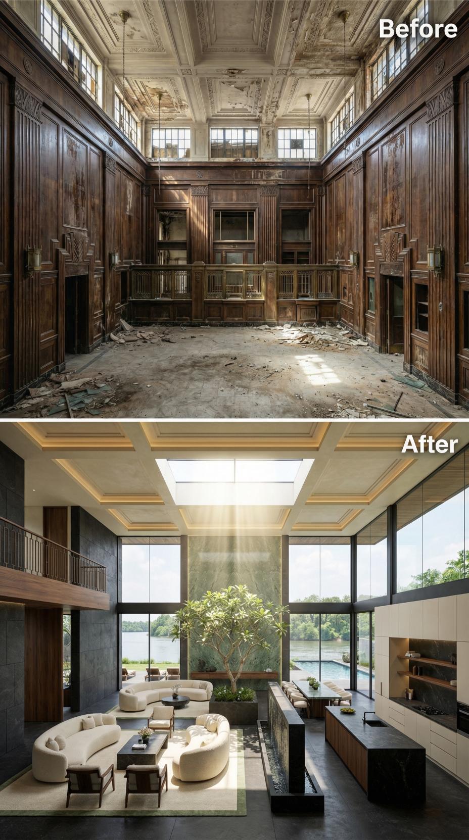 Skylight Atrium and Curved Ivory Sectionals Replace a Collapsed Bank Hall Ceiling