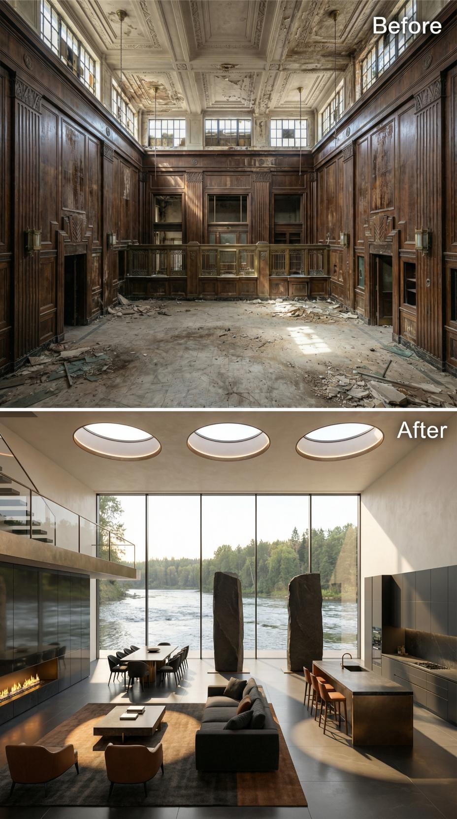 Oval Skylights and Floor-to-Ceiling River Glass Reclaim a Gutted 1930s Bank Hall