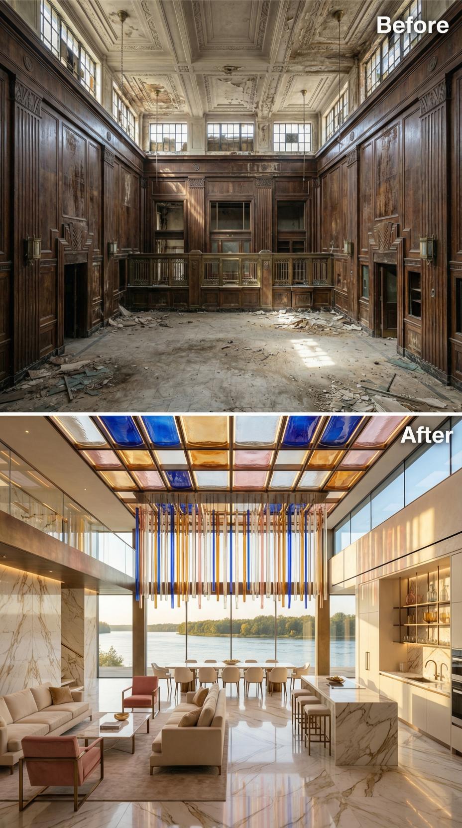 Colored Glass Ceiling Panels Flood a Renovated Bank Hall With Amber and Cobalt Light