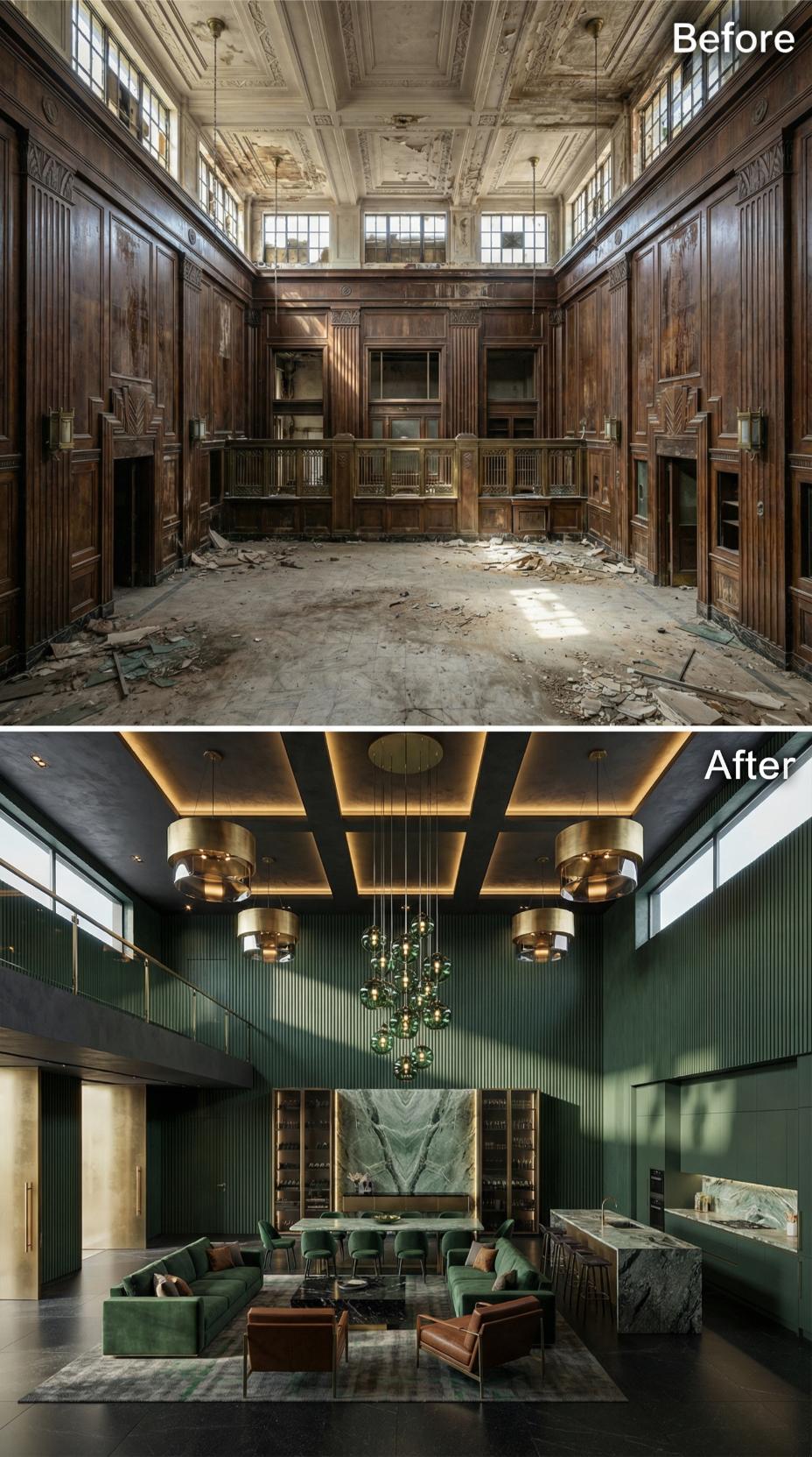 Forest Green Paneling and Brass Drum Pendants Reclaim a Gutted 1930s Bank Hall