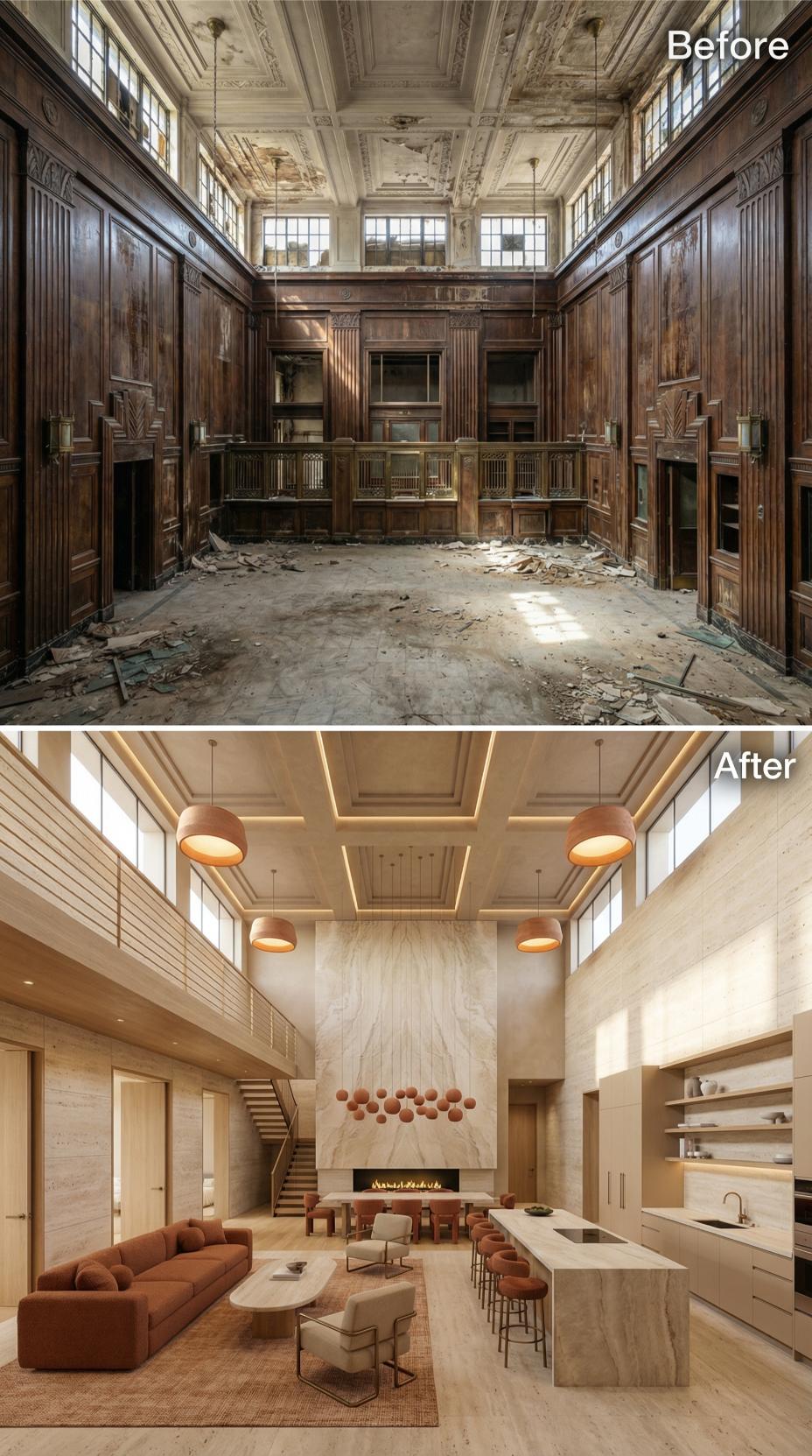 Travertine Cladding and Copper Drum Pendants Replace a Debris-Strewn Bank Hall