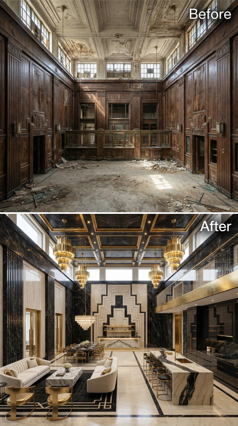 Abandoned Bank Hall Reborn in Black Marble, Gold Brass, and Art Deco Geometry