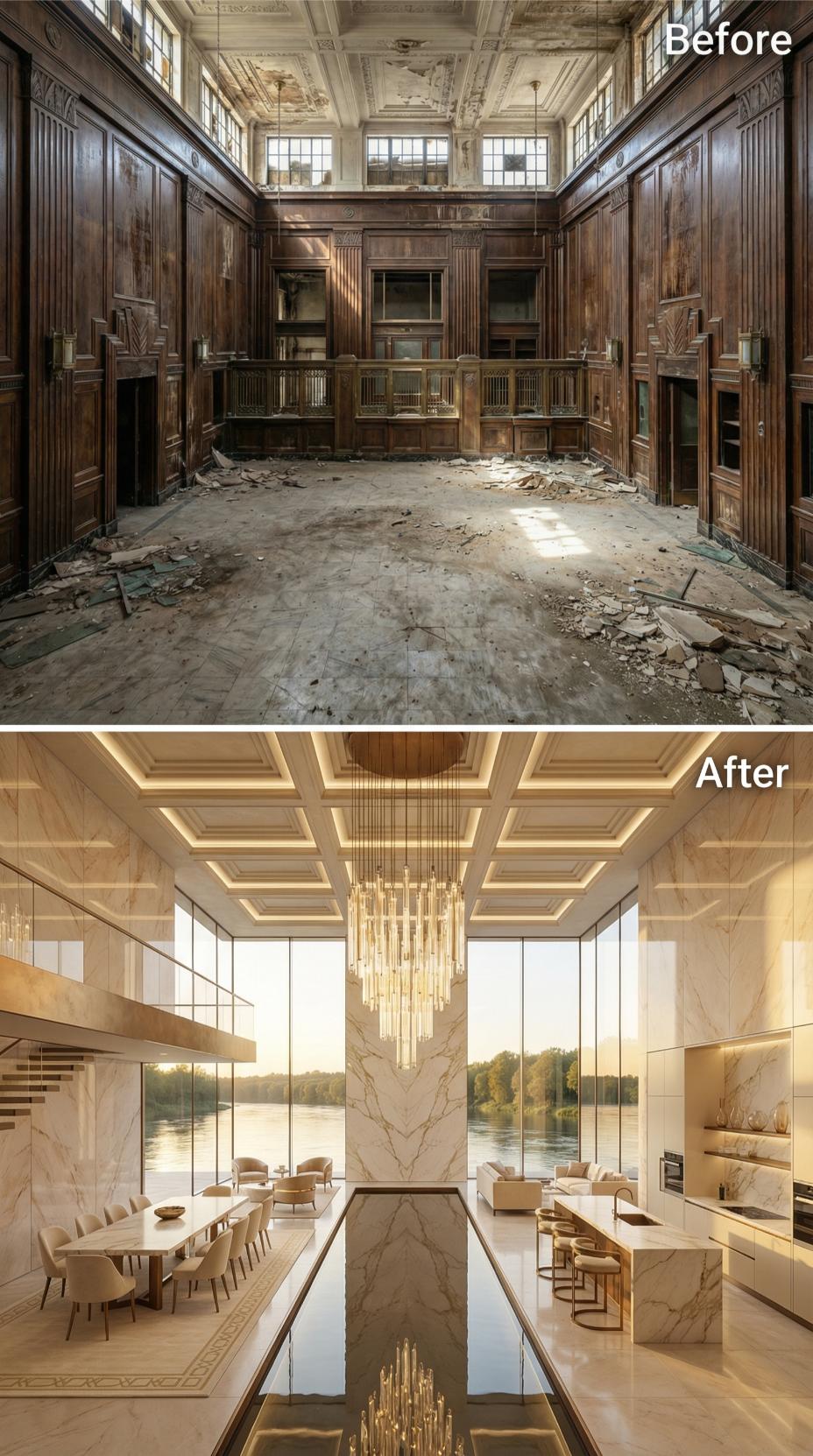 Cascading Gold Chandelier and Mirror-Finish Pool Floor Replace a Debris-Strewn Bank Hall