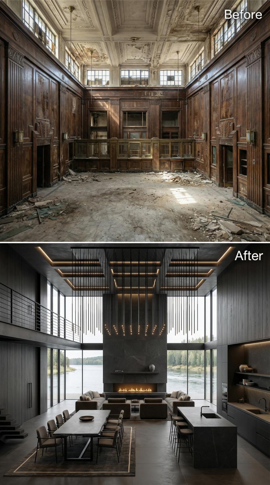 Vertical Steel Rods and Slate Fireplace Wall Outlast a Gutted 1930s Bank Hall