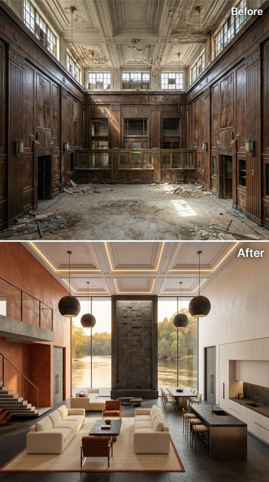 Globe Pendants and a Stone Waterfall Column Reclaim a Crumbling Bank Hall