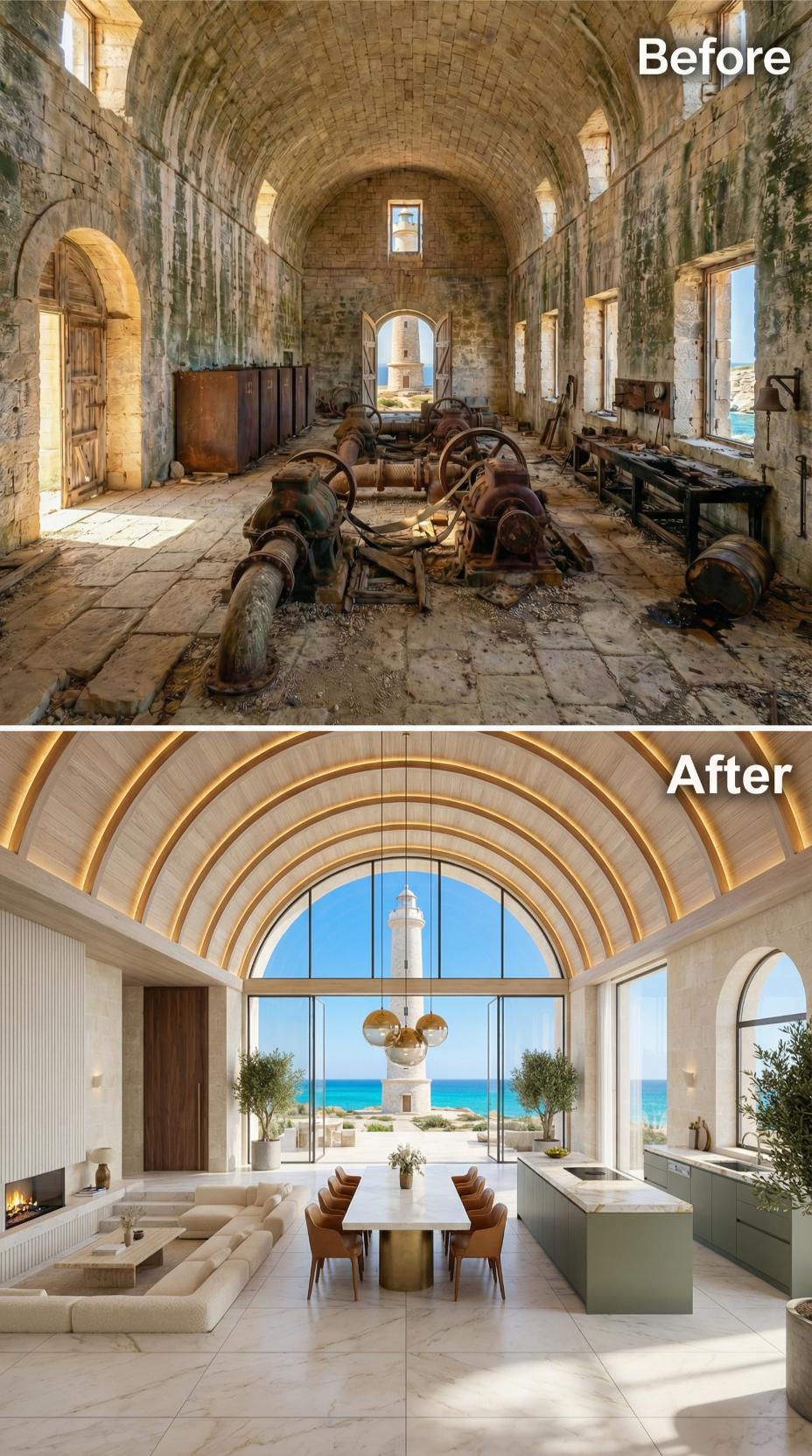 Barrel Vault Bones Reborn: Rusted Machinery Out, Marble and Warm Oak In