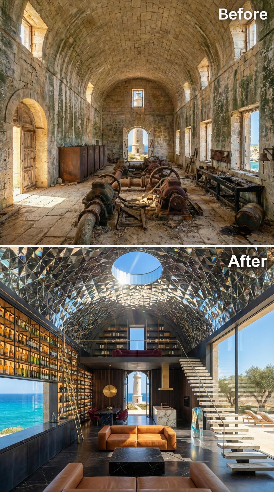 Faceted Mirror Vault, Wine Wall, Leather Sofa: Ruin Becomes a Coastal Living Room