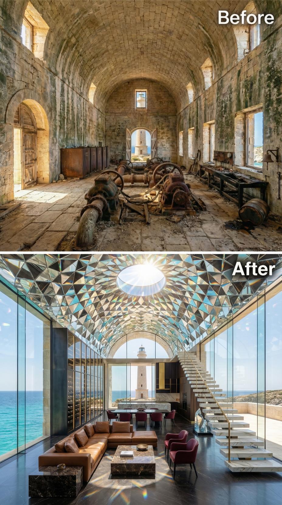 Iridescent Glass Vault, Leather Sectional, Lighthouse Framed at the Far Wall