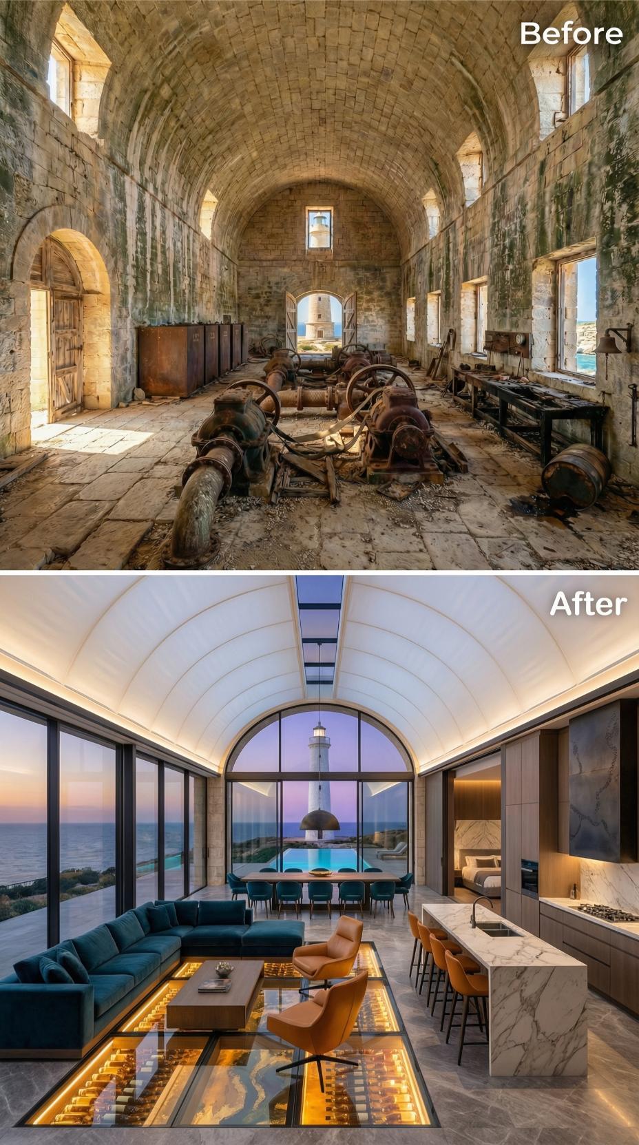 Teal Velvet, Wine Floor, Lighthouse at Dusk: Ruin Rebuilt from the Ground Up