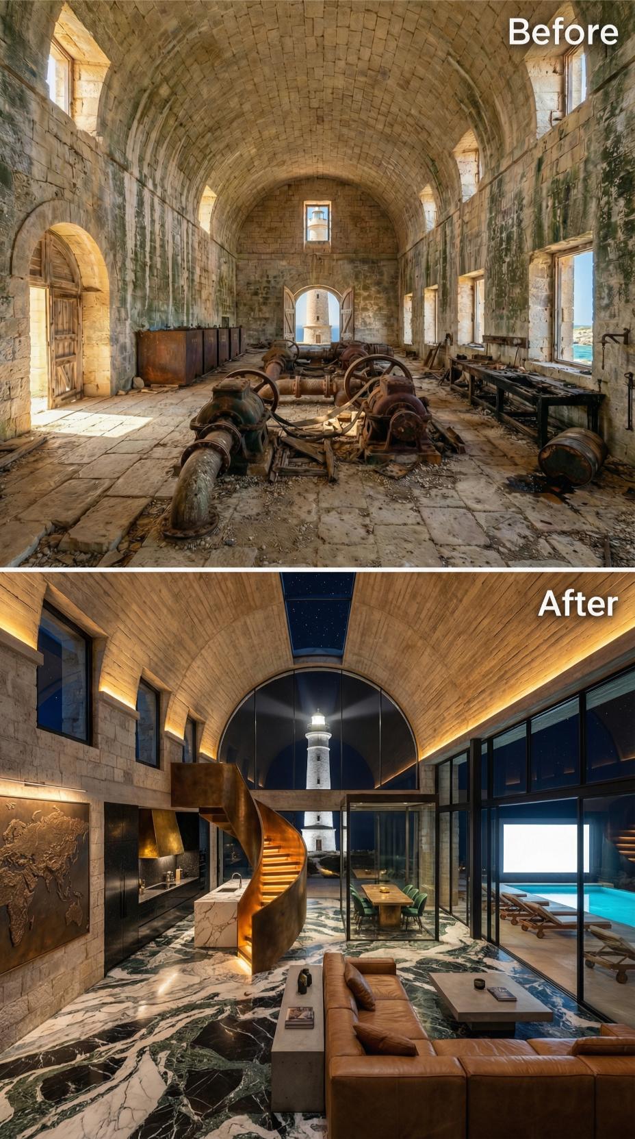 Spiral Staircase in Brass, Green Marble Underfoot, Lighthouse Still Centered in the Arch