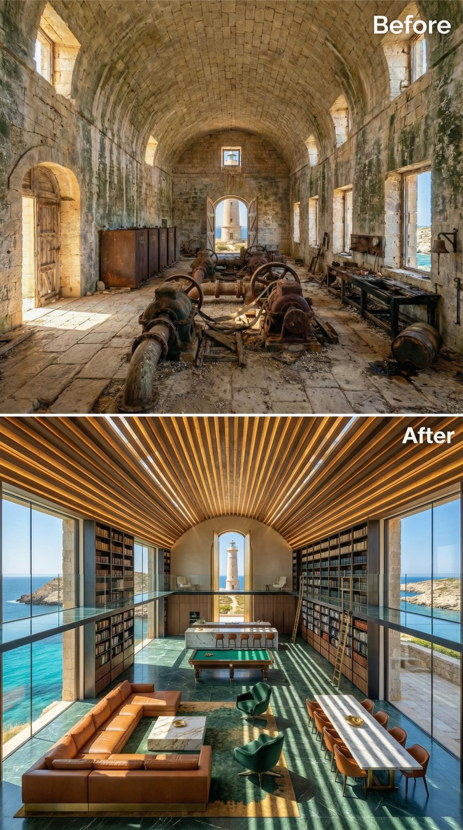 Wooden Ribs, Green Marble, Leather Sectional: Rust and Ruin Give Way to Coastal Library