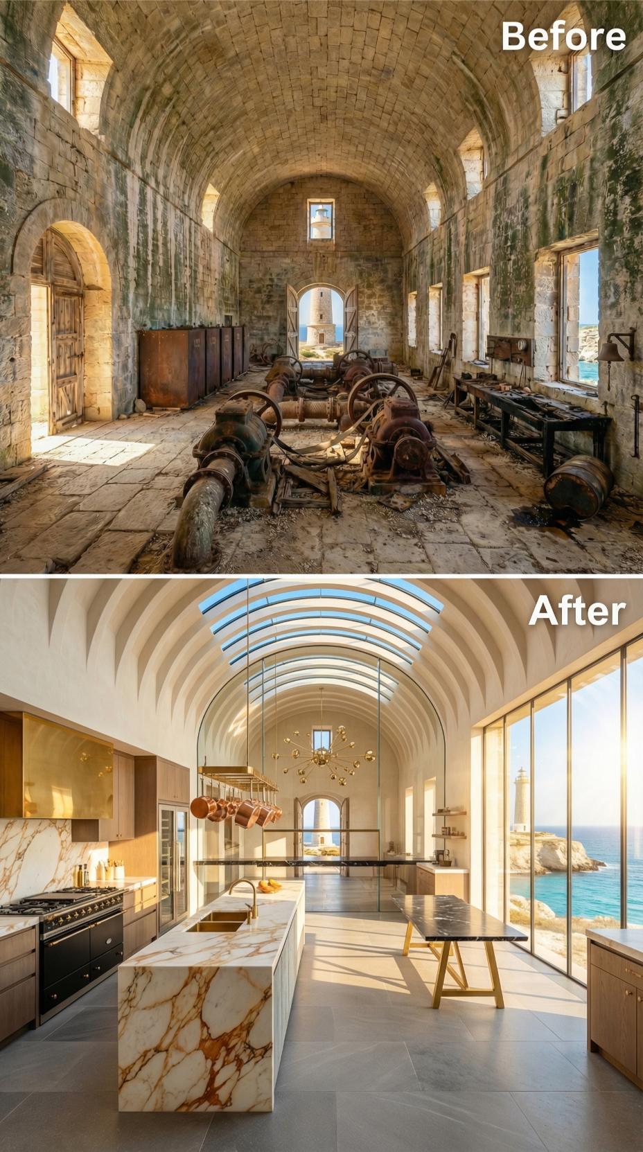 Marble Island, Copper Pendants, Barrel Vault Opened to Sky: Ruin Becomes a Kitchen