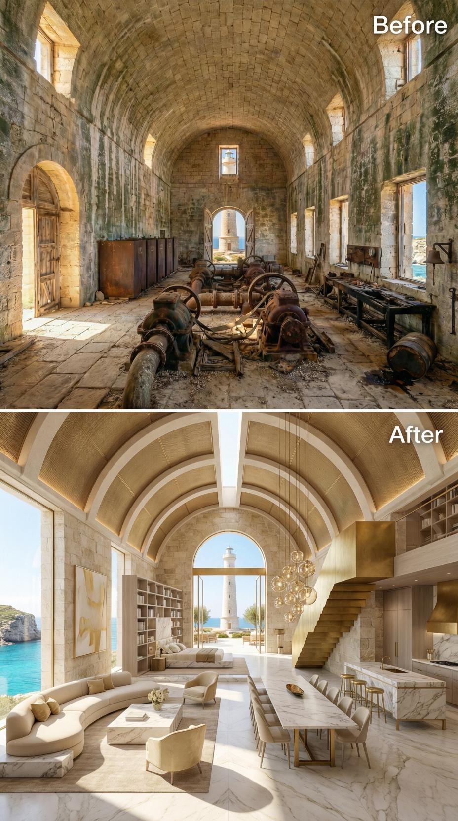 Barrel Vault Scrubbed Clean, Marble Table Set, Lighthouse Centered Through the Arch