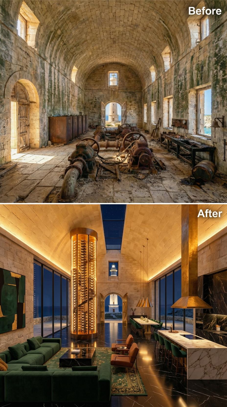 Cylindrical Wine Tower, Marble Island, Stone Vault Washed in Amber