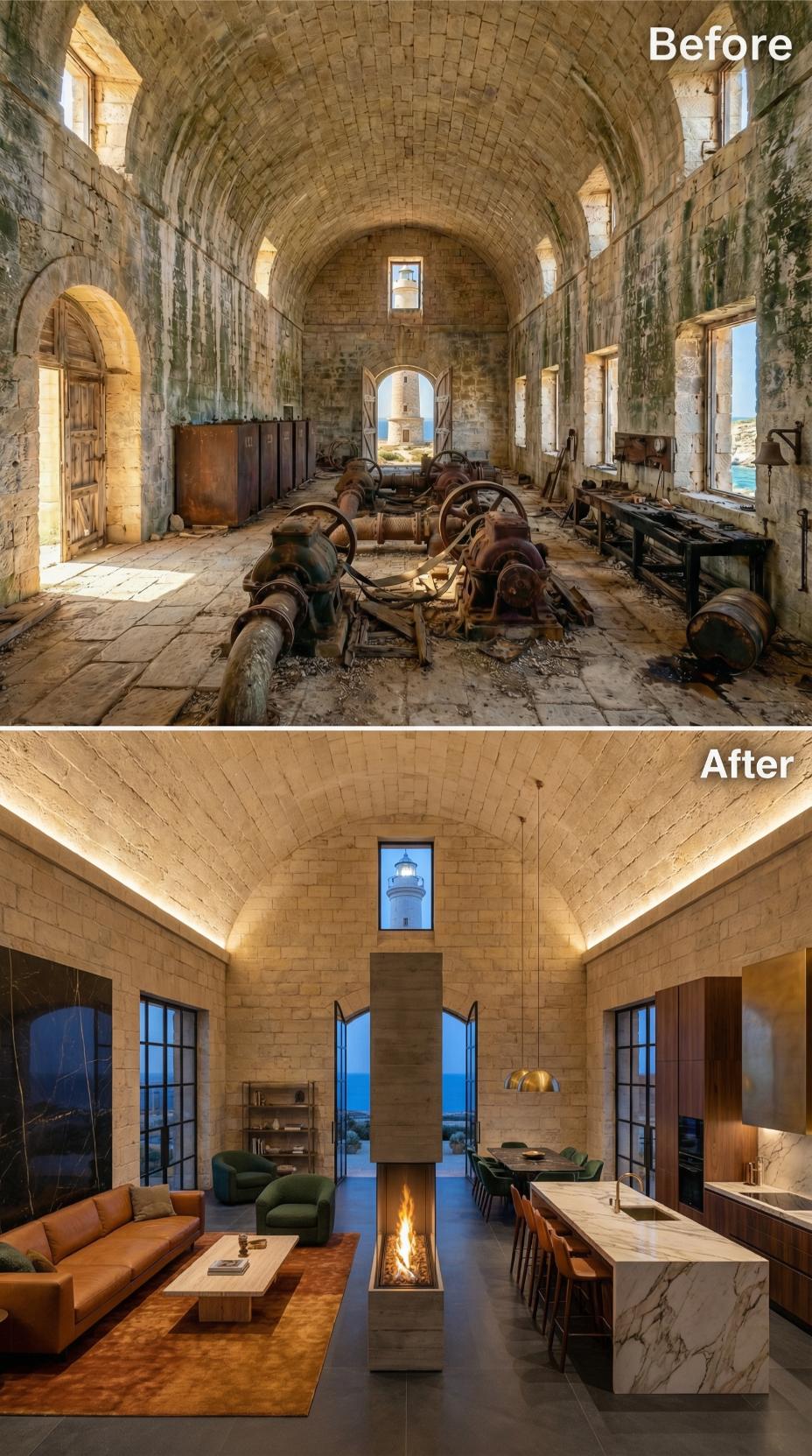 Stone Barrel Vault, Marble Island, Fireplace at Center: One Room Does It All