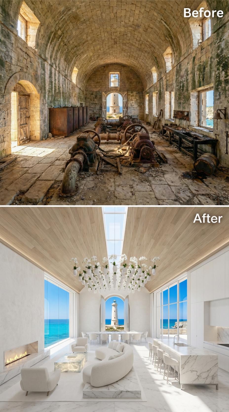 Orchid Chandelier, Marble Floors, Barrel Vault Clad in Pale Timber: Ruin Rebuilt in White