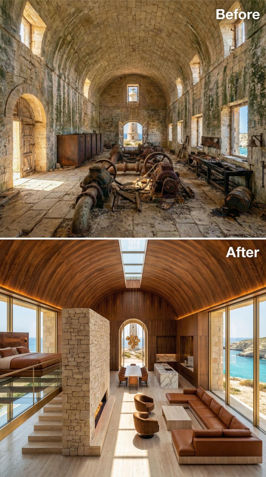 Barrel Vault in Oiled Walnut, Cognac Leather Below, Sea Framed Through Every Wall