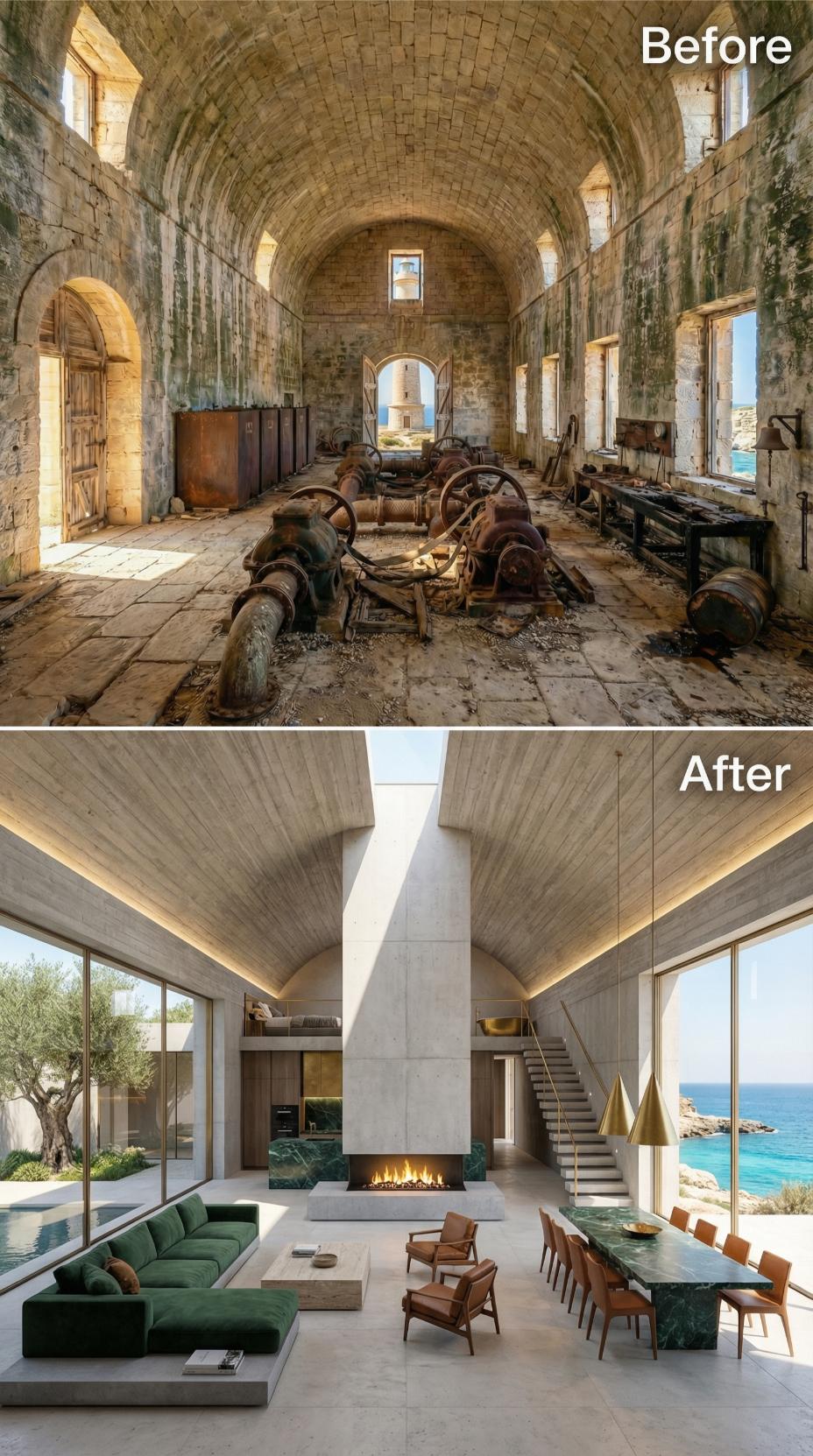 Barrel Vault Kept Bare, Fireplace Cuts Through Center, Sea Fills the Right Wall