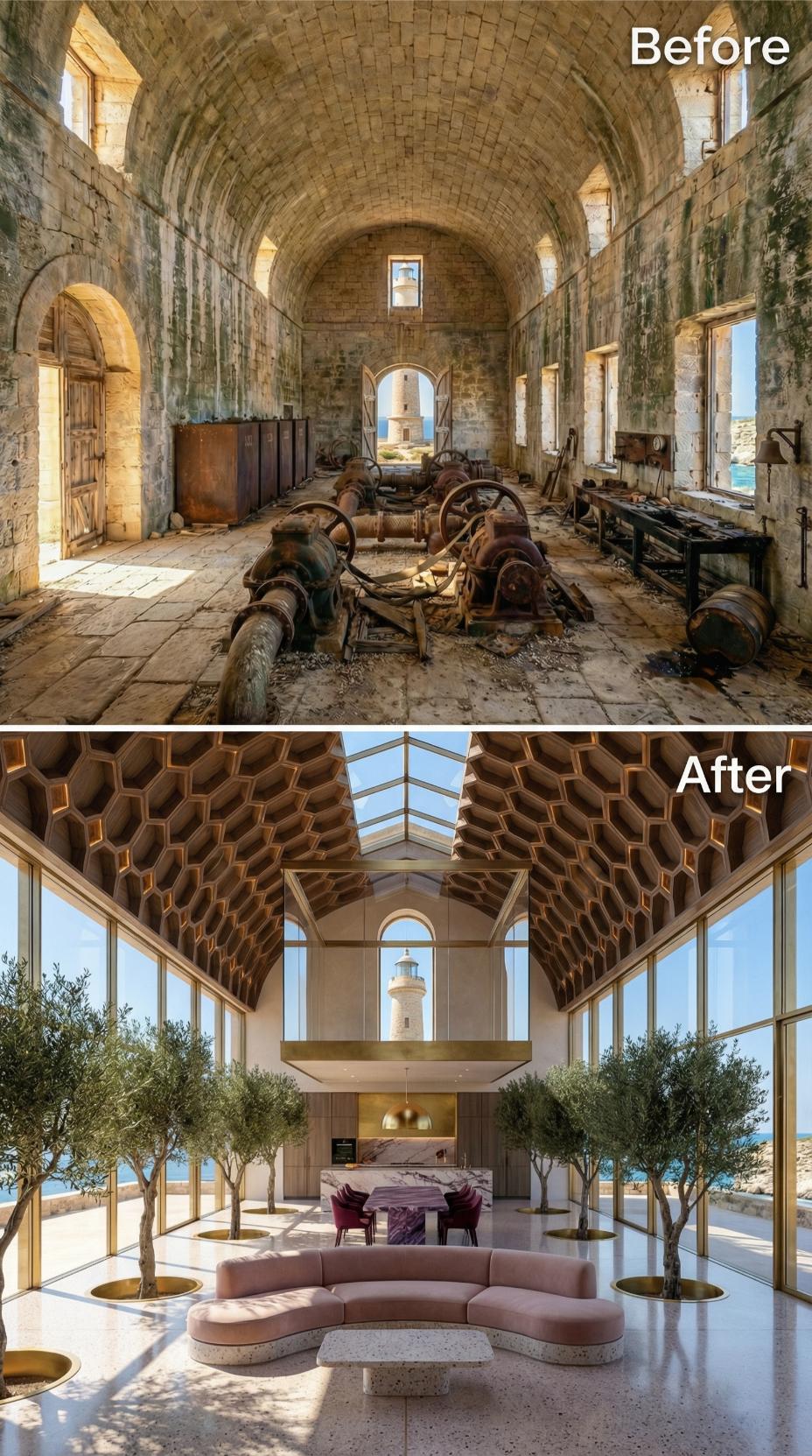 Honeycomb Vault, Olive Trees in Brass Pots, Ruin Opens to Sea