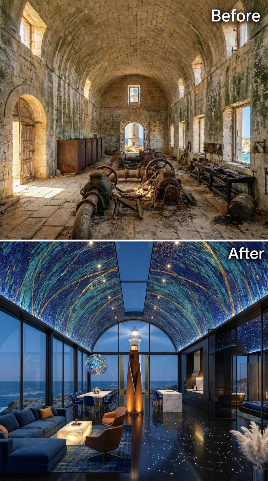 Lapis Vault, Star-Field Floor, Lighthouse Framed Behind Floor-to-Ceiling Glass