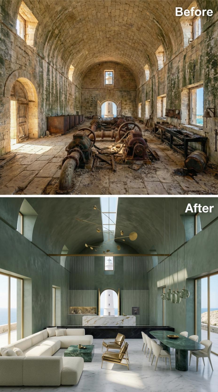 Sage Plaster Vault, Brass Mobile Overhead, Marble Island Anchoring the Far Wall