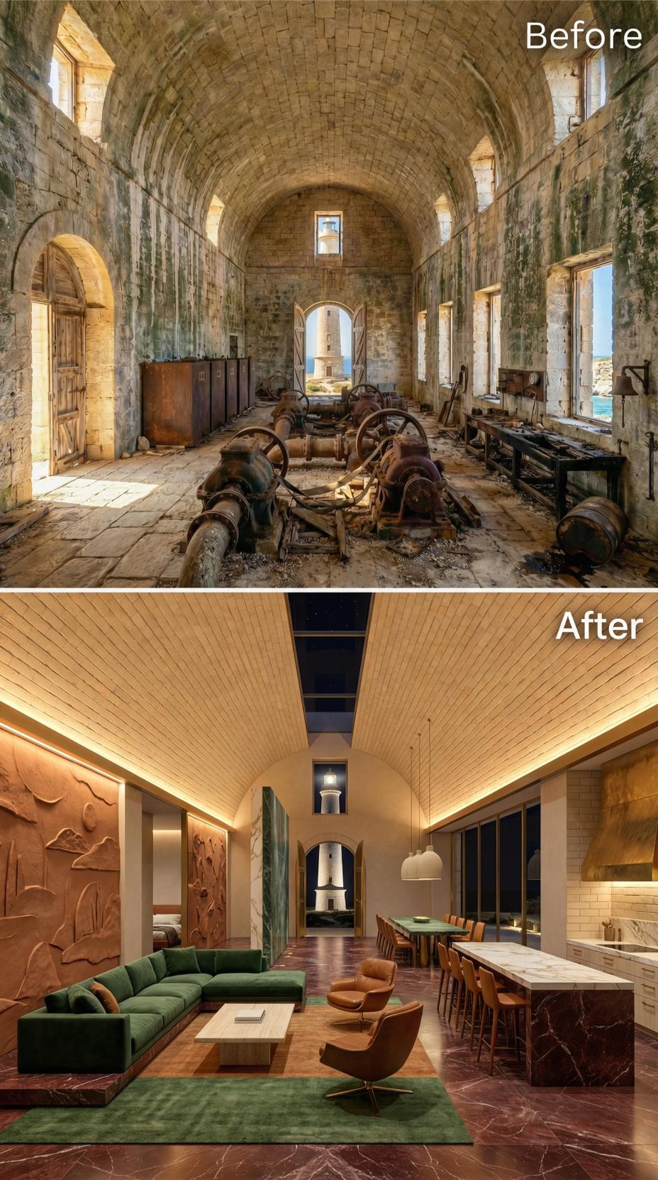 Vault Washed in Warm Light, Green Velvet Below, Lighthouse Framed at Midnight