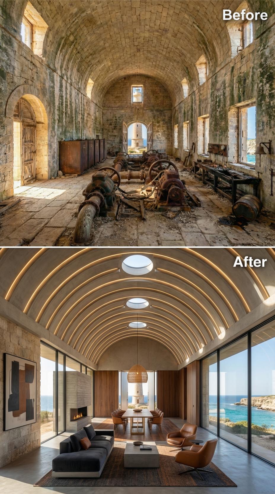 Ribbed Vault Lined in LED Strip Light, Stone Walls Kept, Sea Held in Glass