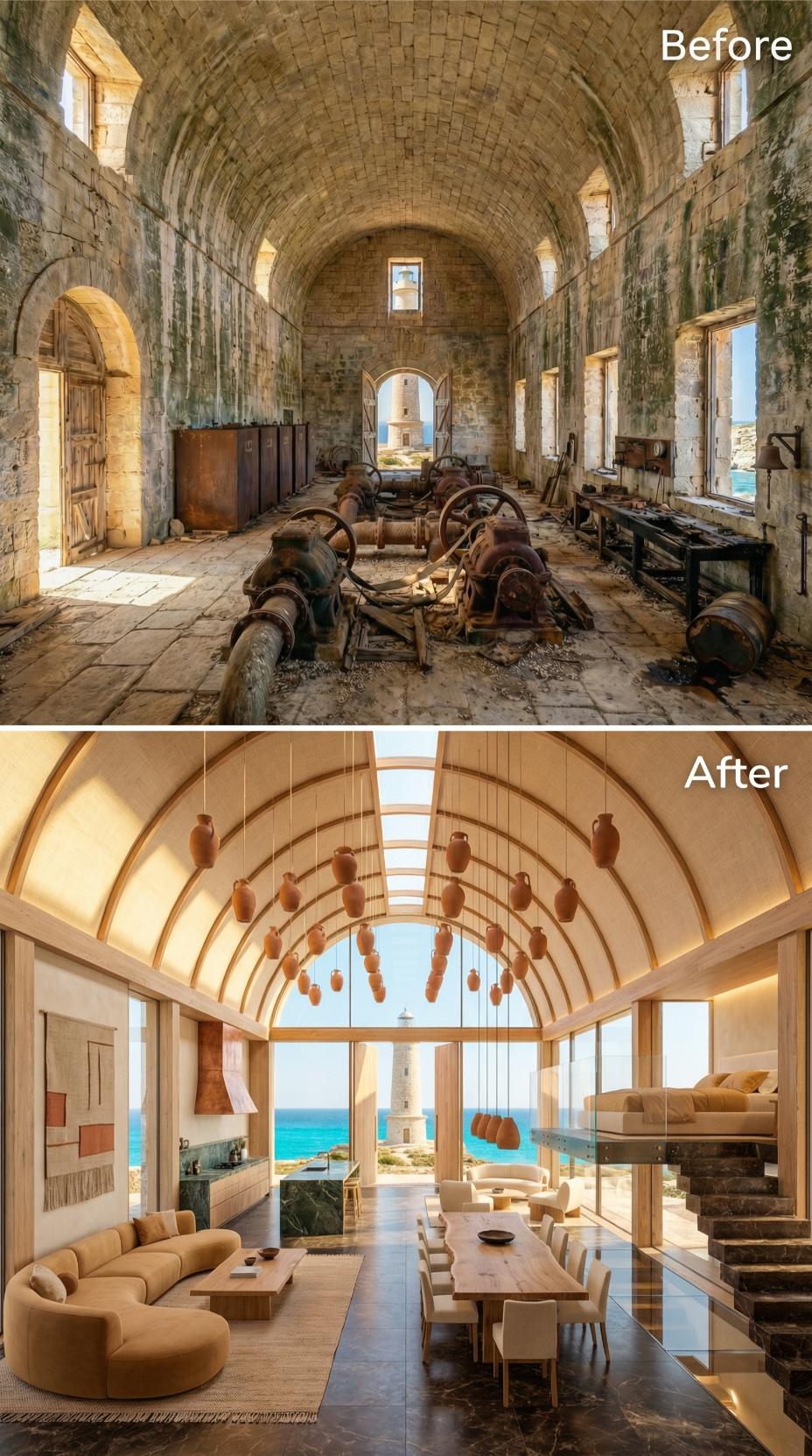 Pale Timber Vault, Terra Cotta Pendants Suspended on Cord, Lighthouse Framed in Glass