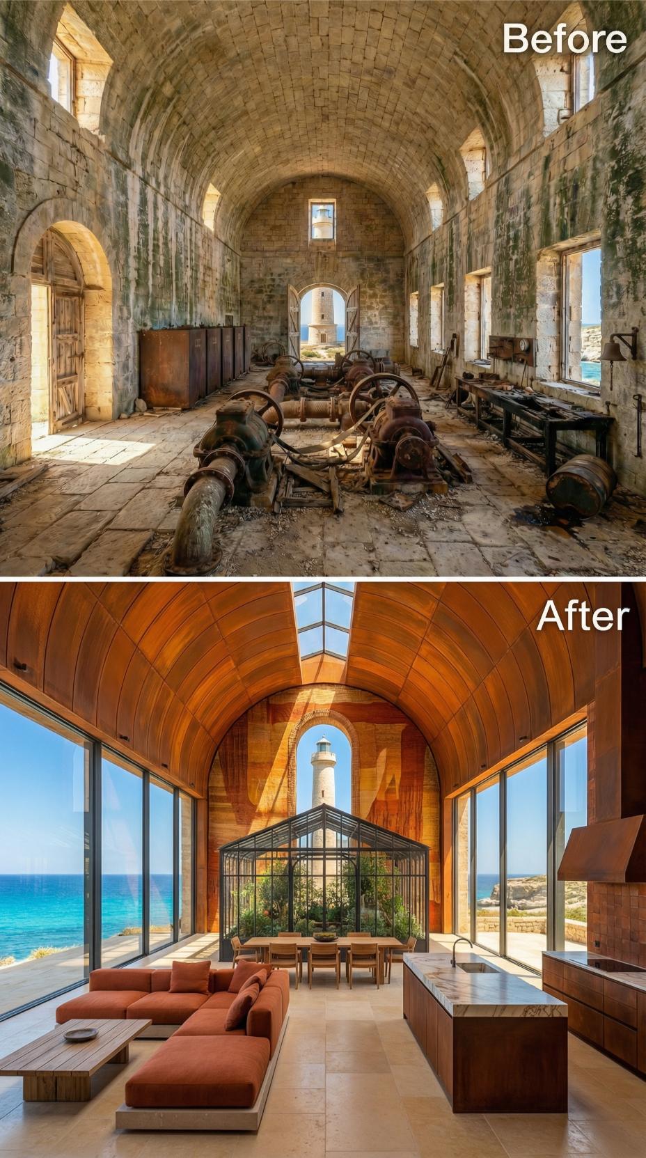 Copper Vault, Glass Conservatory at Center, Ochre Sofas Facing Open Sea