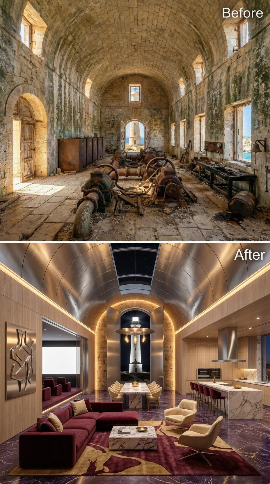 Polished Steel Vault, Burgundy Velvet Below, Lighthouse Burning Through the Arch