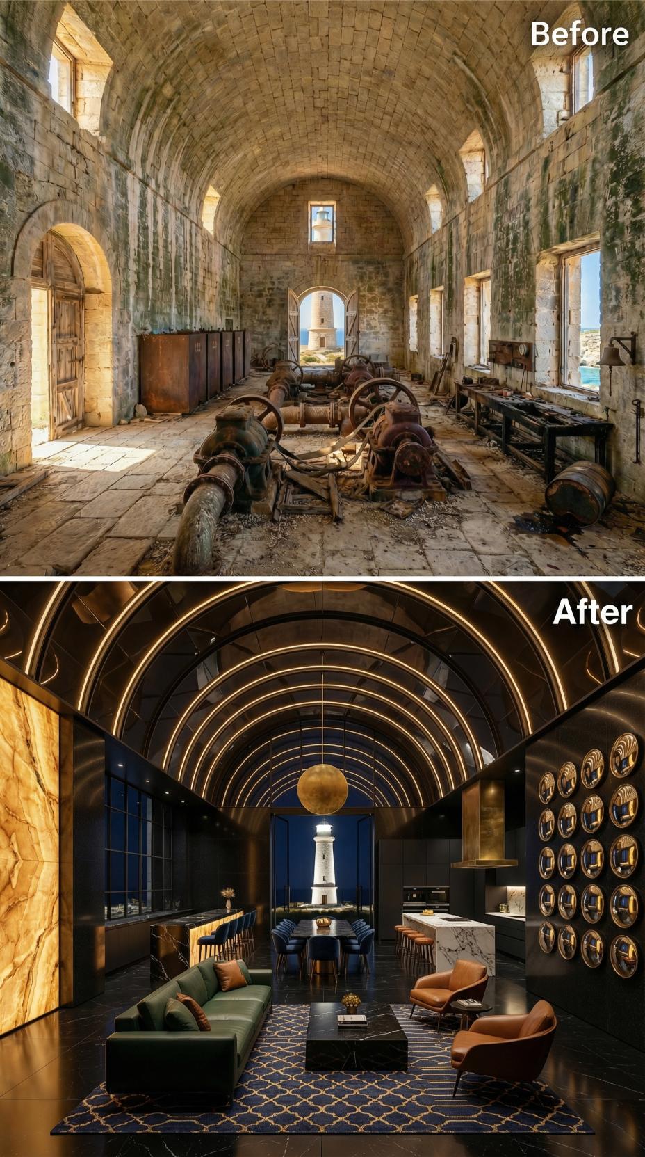 Gold Ring Ceiling, Navy Rug, Lighthouse View: Dark Luxury Inside Ancient Stone Walls