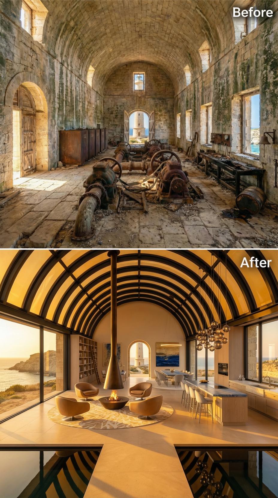 Warm Glass Vault, Pendant Cluster, Suspended Fireplace: Coastal Ruin Finds Its Voice