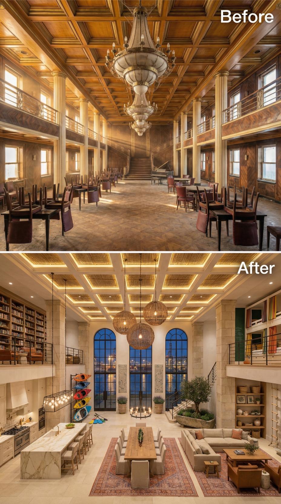 Wicker Pendants, Marble Island, Kayaks on the Wall: Grand Salon as Family Compound