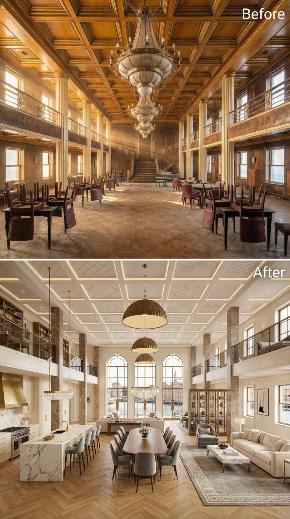 Coffered Plaster, a Walnut Dining Table, and Warm Herringbone Reclaim a Grand Salon