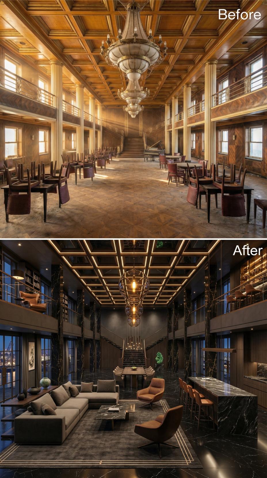 Dark Marble, Warm Leather, and LED Coffered Grid Replace a Faded Ocean Liner Ballroom