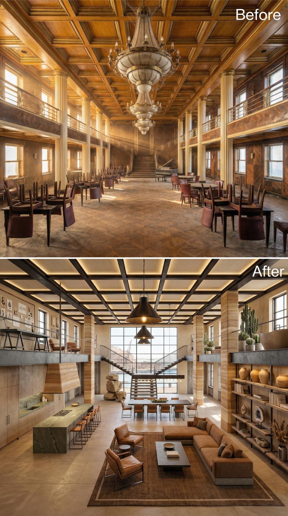 Travertine Columns, LED Coffered Grid, and Cognac Leather Replace Gilded Ballroom Darkness