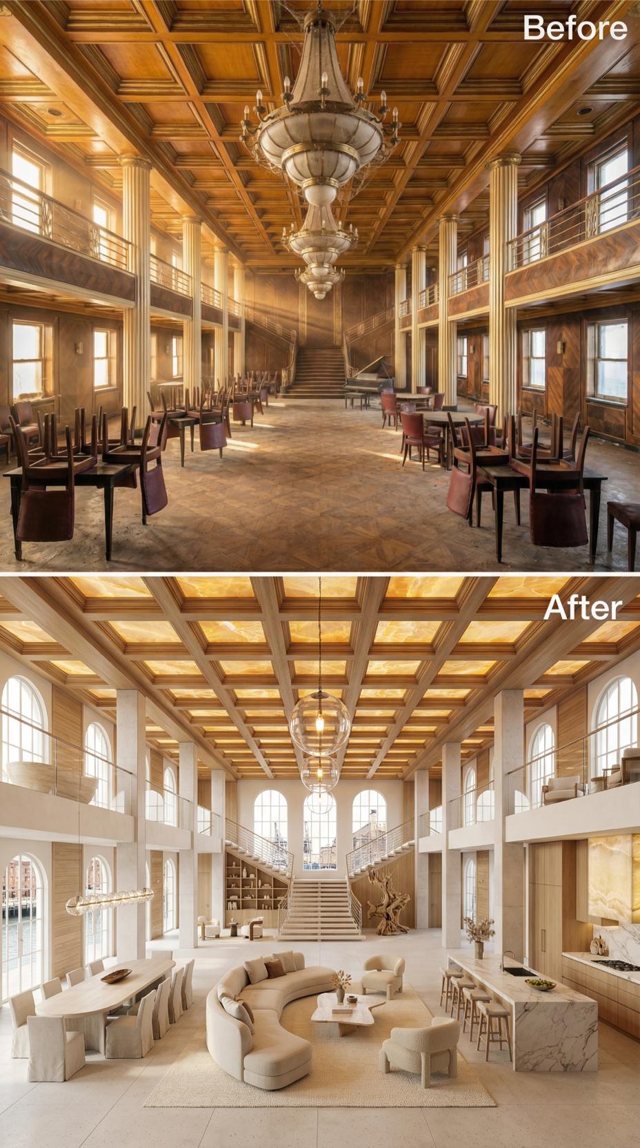 Onyx Ceiling Panels, a Globe Pendant, and Bleached Travertine Gut a 1930s Grand Salon