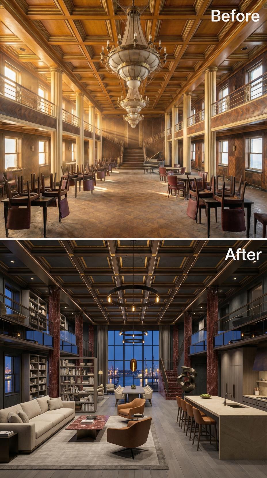 Coffered Ceiling Painted Dark, Marble Columns Kept, Grand Salon Becomes City Residence
