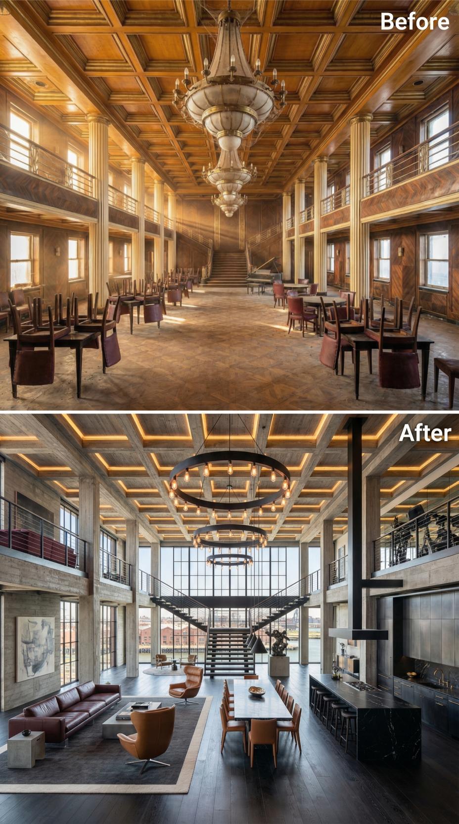 Coffered Ceilings Kept, Warm Wood Stripped Back to Raw Concrete