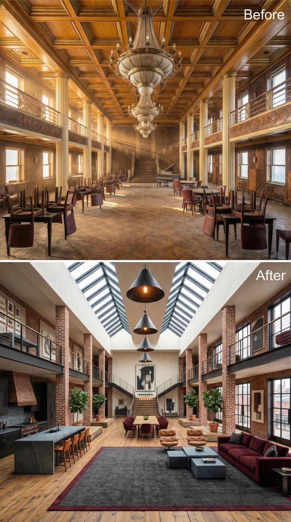 Brick Columns, Skylights, and Burgundy Velvet Gut a Grand Salon's Gilded Shell