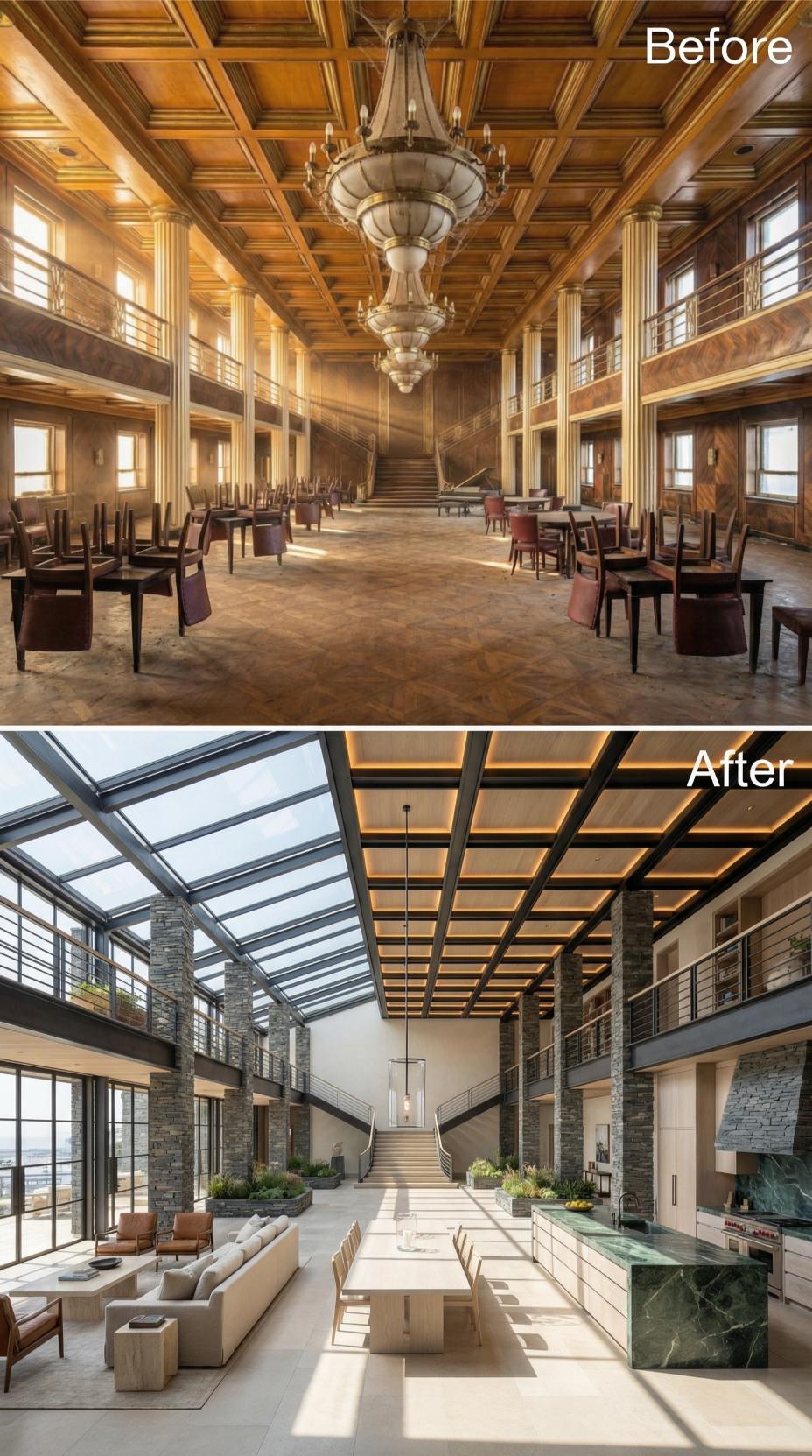 Glass Roof, Stacked Stone Columns, Green Marble Island Replace Gilded Liner Ballroom