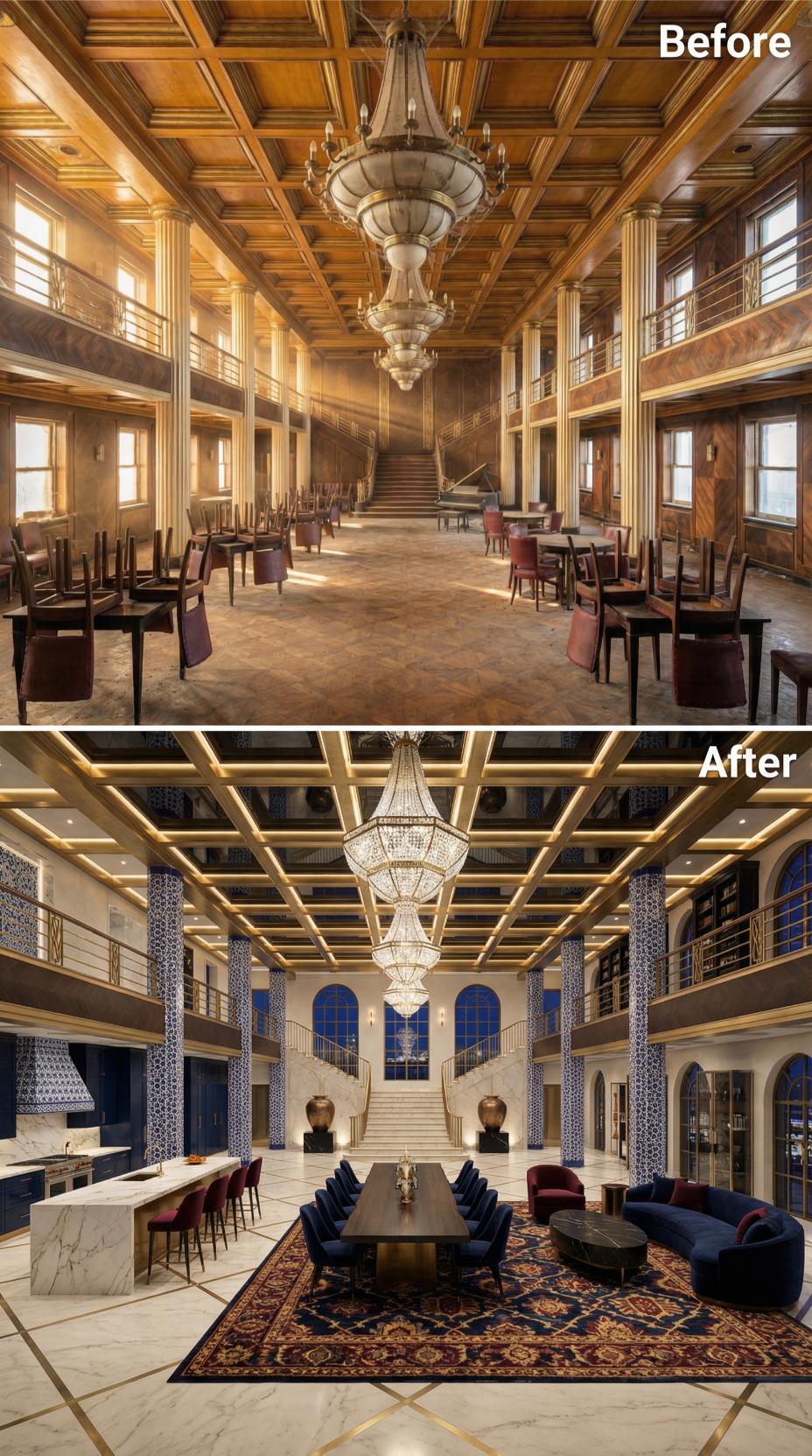 Gold Coffered Grid, Crystal Chandelier, Blue Zellige Tile Reclaim a 1930s Grand Salon