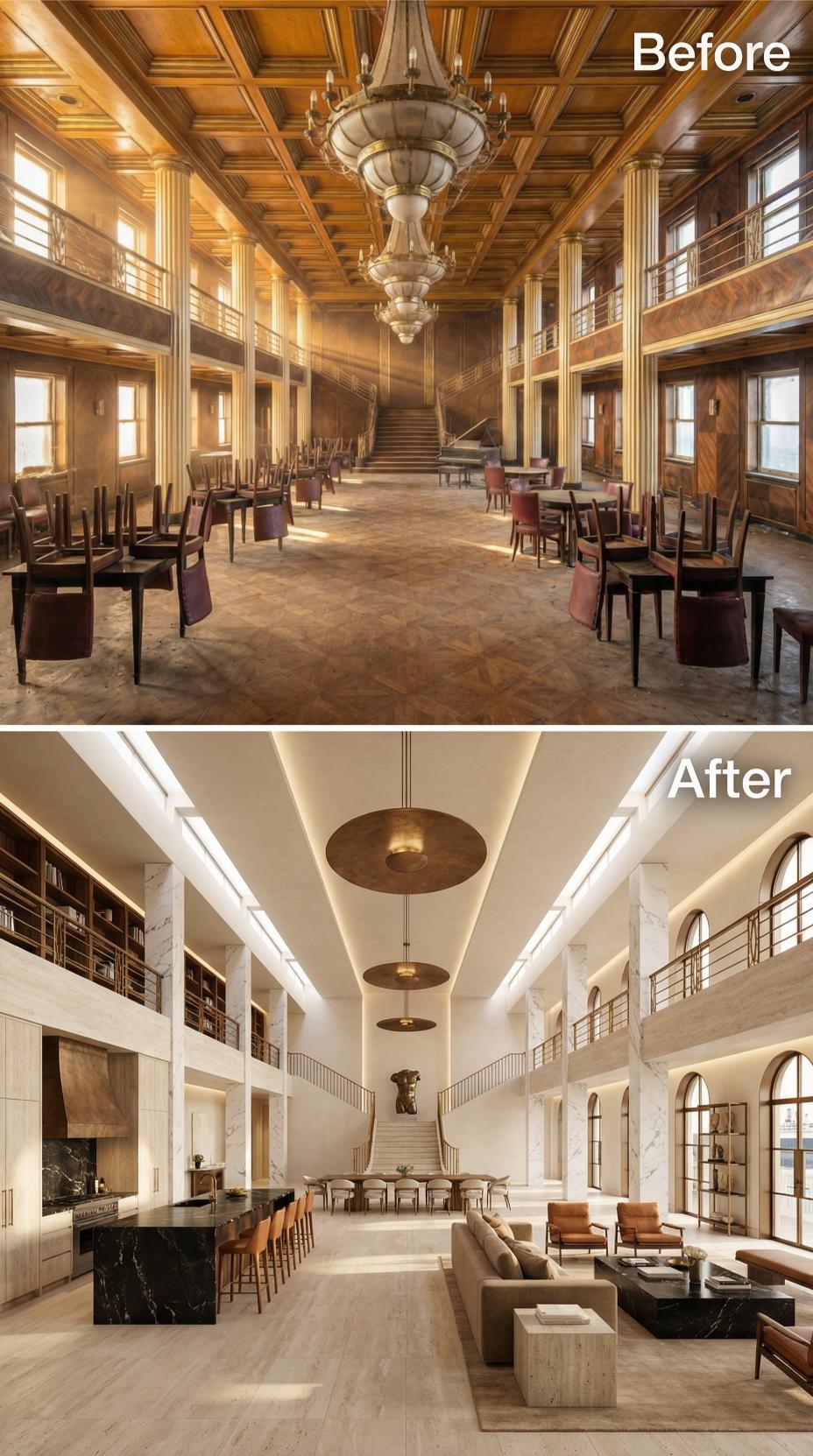 Plaster Ceiling Dropped, Brass Pendants Hung, Grand Salon Reborn as Open-Plan Residence