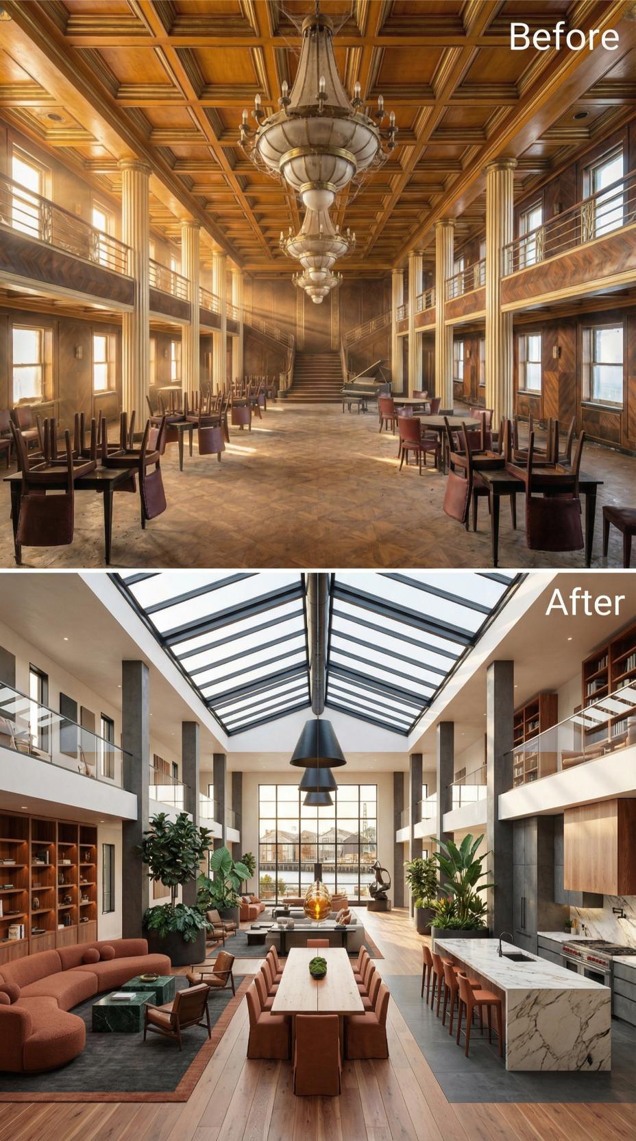 Skylight Cut, Coffered Ceiling Gone, Grand Salon Floors With White Oak and Marble