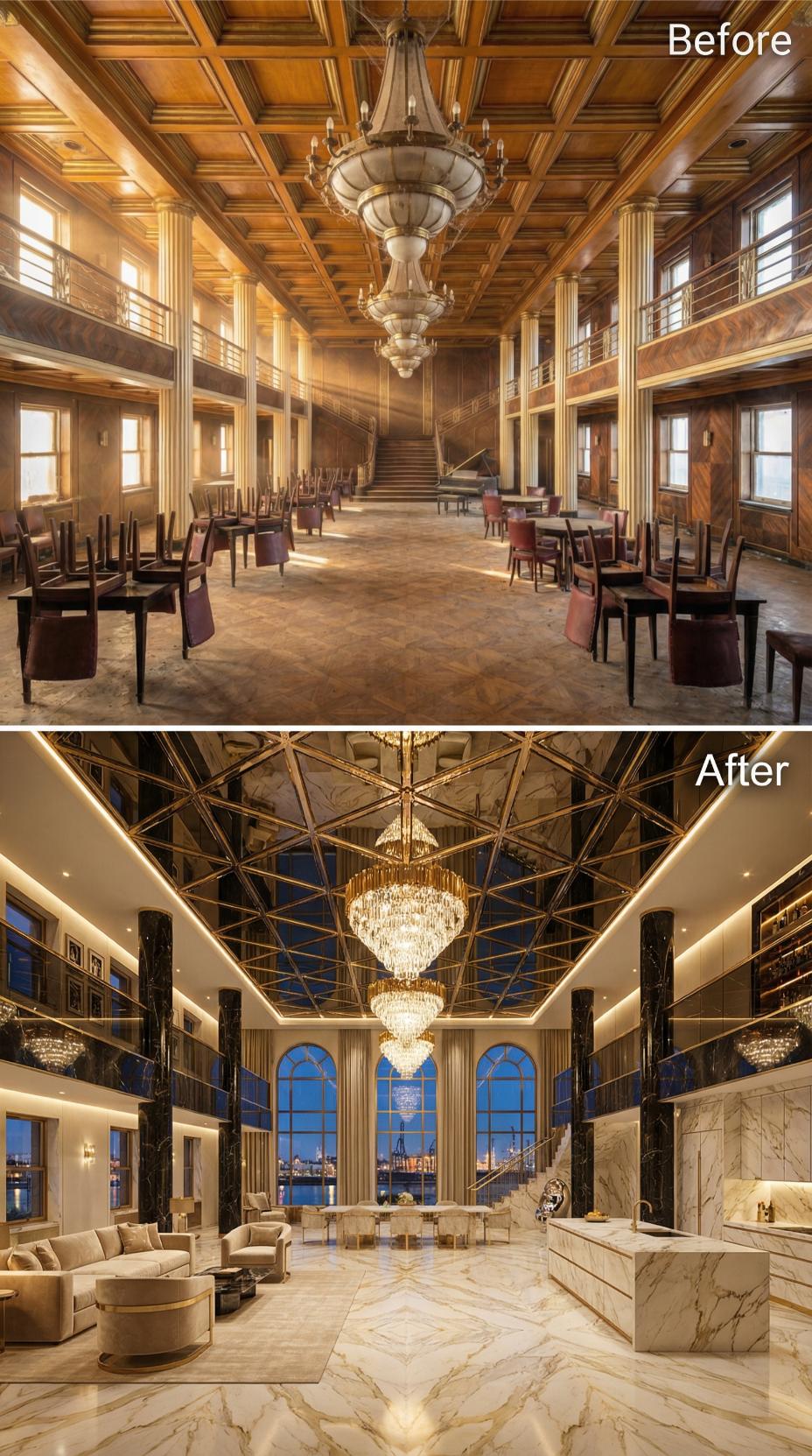 Mirrored Gold Lattice Ceiling, Cascading Crystal Chandelier, Marble Floor Reclaim Liner Grand Salon