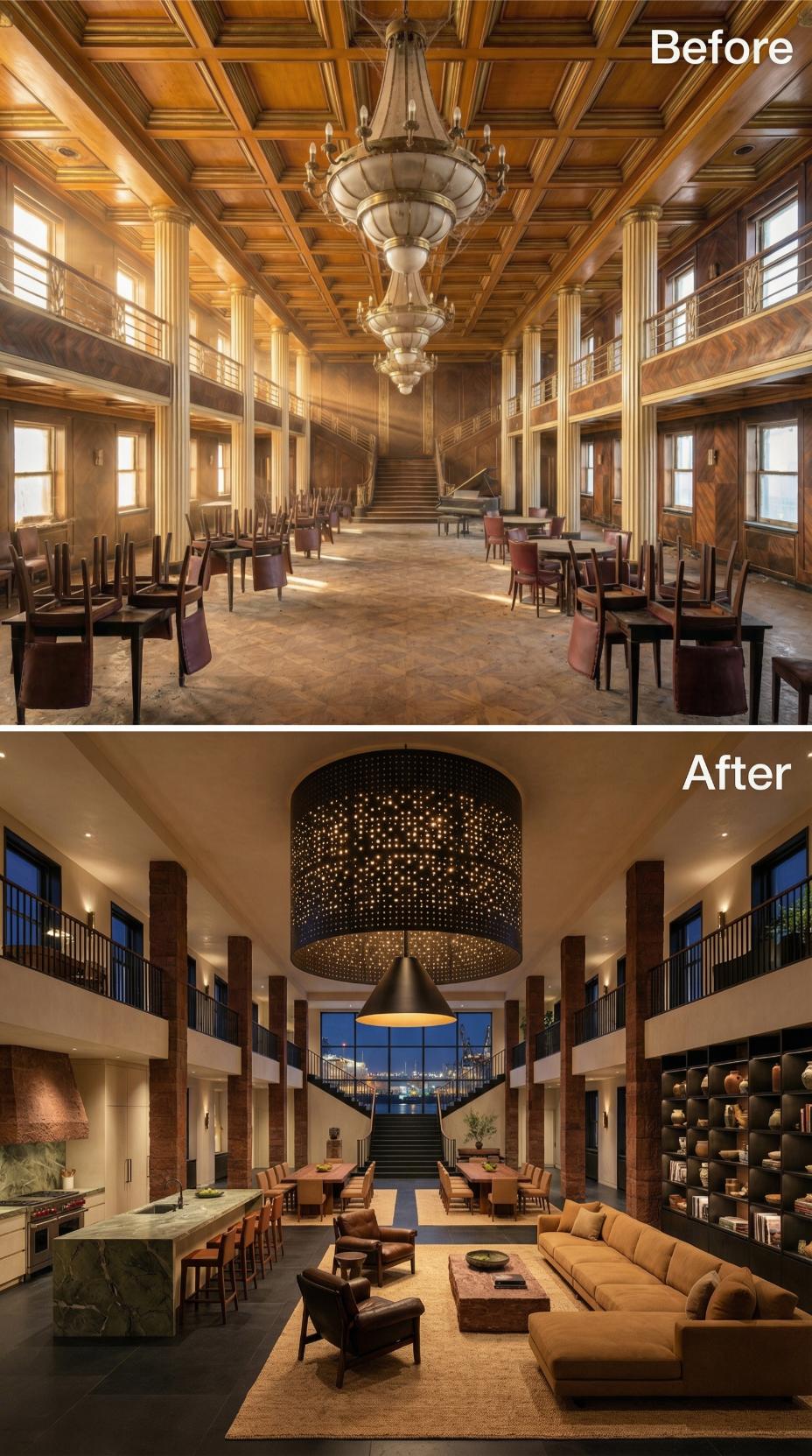 Perforated Steel Drum, Walnut Columns, Green Marble Island Gut the Gilded Liner Shell