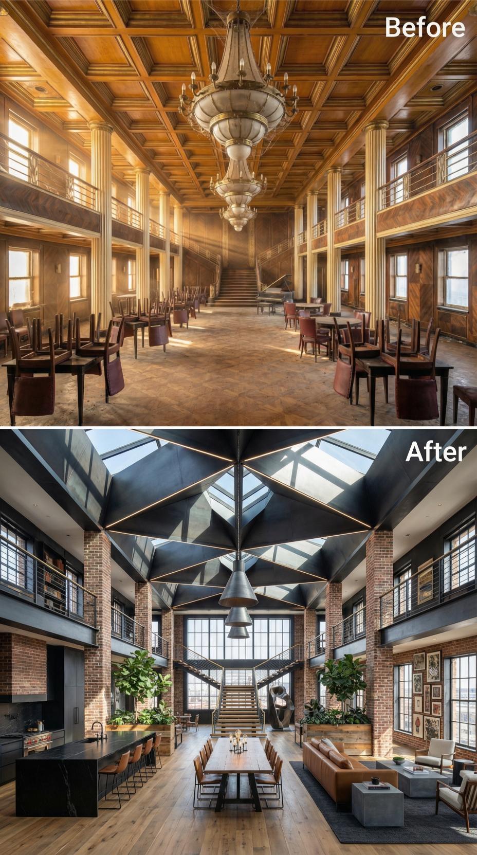 Dark Steel Roof Grid, Exposed Brick Columns, Raw Oak Floor Reclaim the Liner's Gilded Hull
